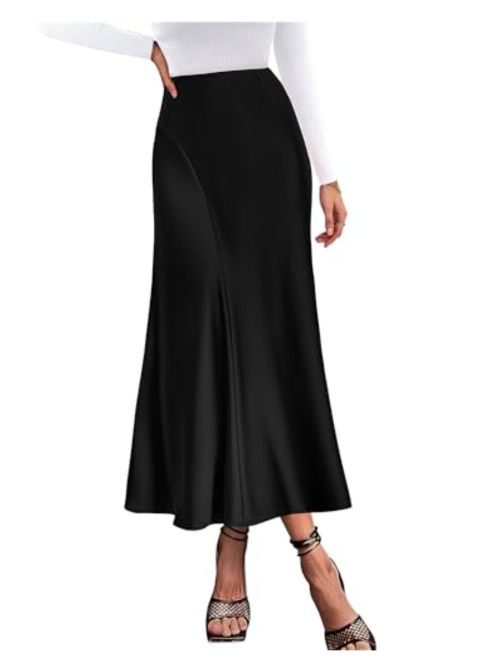 Satin High Waisted Maxi Skirt A-Line Mermaid Hem Work Casual